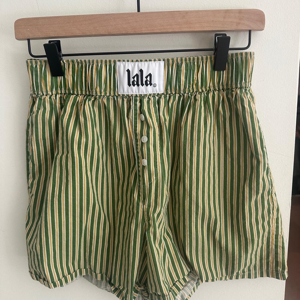 Dressed in LALA Green and Yellow Striped Shorts